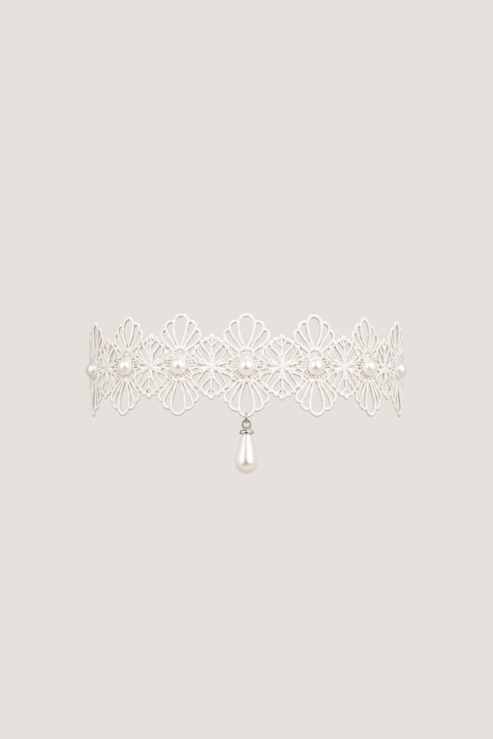 ALT's white Zoe garter, a product shot of the floral lace band set with pearls and a single pearl teardrop.