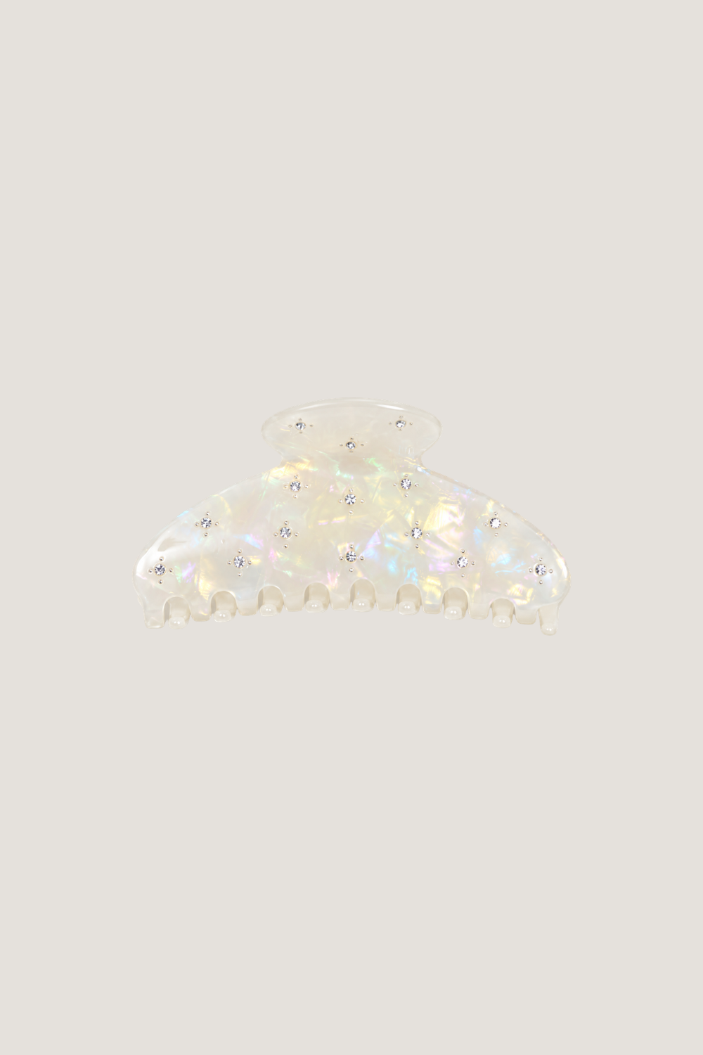 ALT's iridescent Gia claw clip, shown on its own from the front, the shimmering finish dotted with rhinestones.