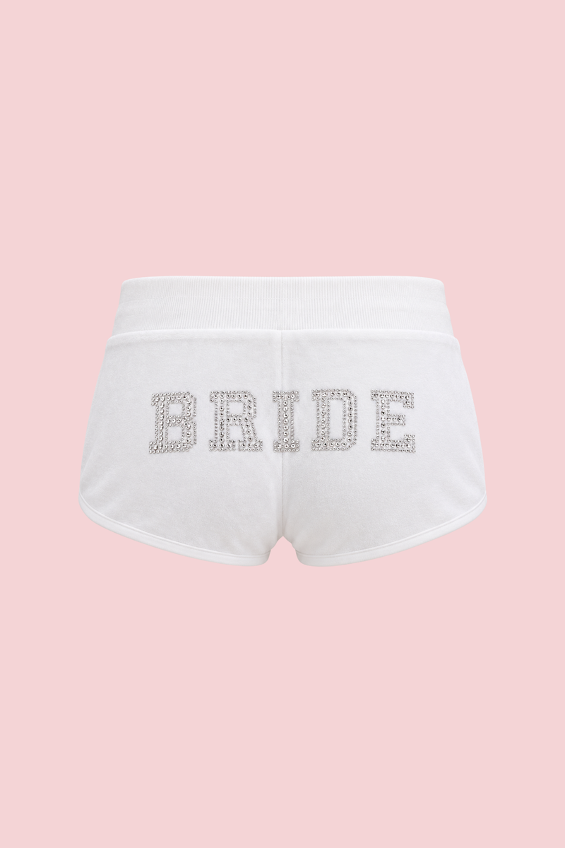 Heiress Rhinestone Short in white, back view with rhinestone BRIDE lettering across the seat