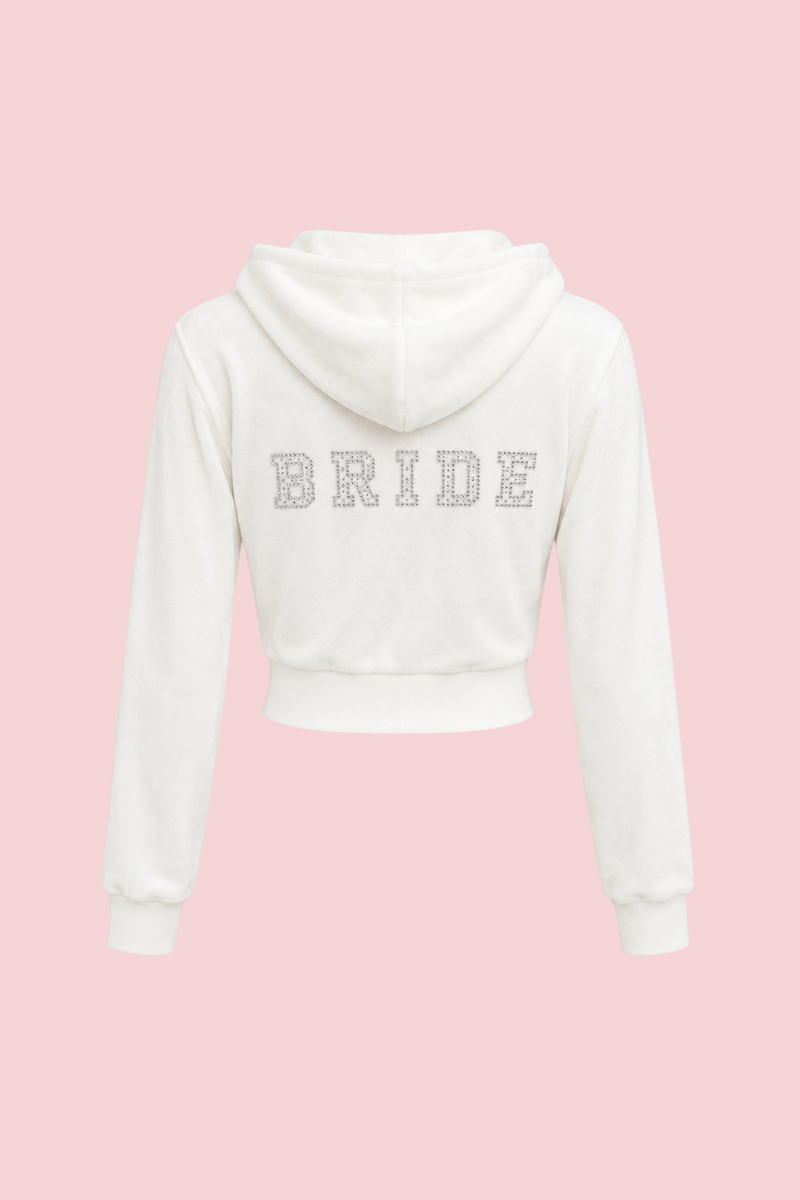 Wifey Rhinestone Zip Hoodie in white, back view with rhinestone BRIDE lettering across the shoulders