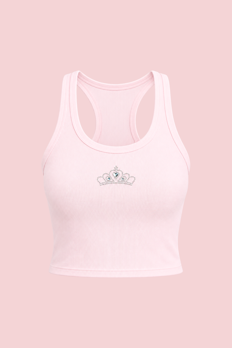 It Girl Rhinestone Crop Tank in pink with a small rhinestone crown motif on the chest