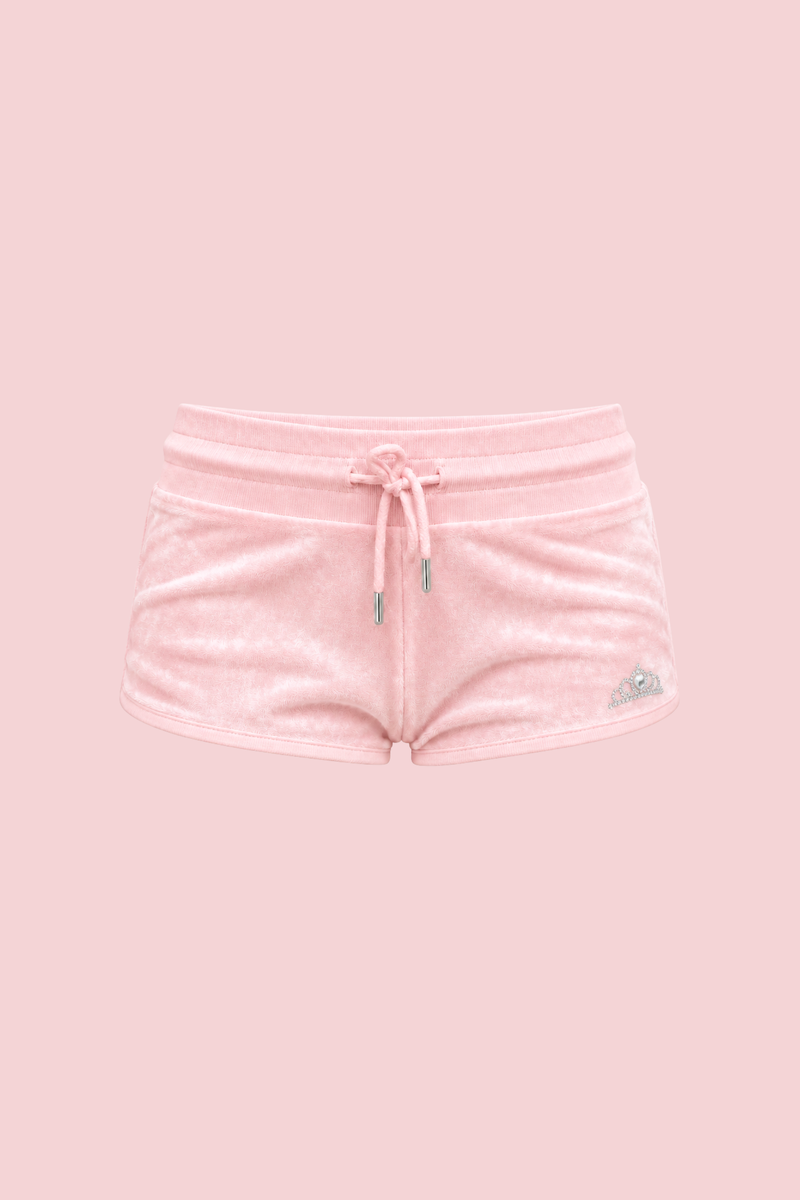 Princess Rhinestone Short in pink velour with a drawstring waist and small rhinestone detail at the hem