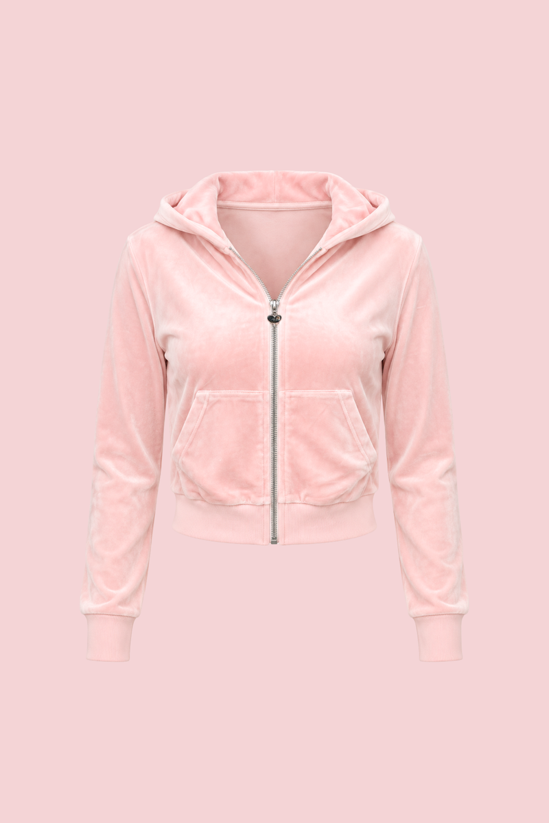 Paris Rhinestone Zip Hoodie in pink velour, front view with silver zip and kangaroo pockets