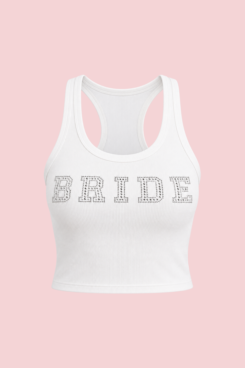Lucky Him Rhinestone Crop Tank in white with rhinestone BRIDE lettering across the front