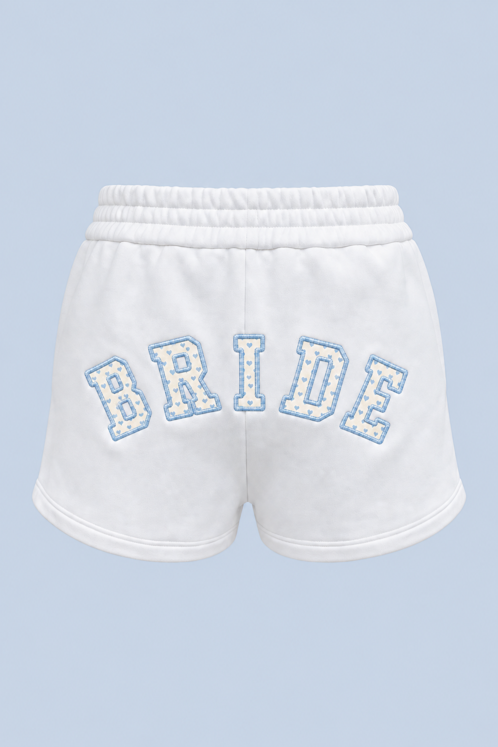 ALT's white Bride Althea track short shown on its own from behind, with BRIDE in blue-outlined varsity applique arched across the back.