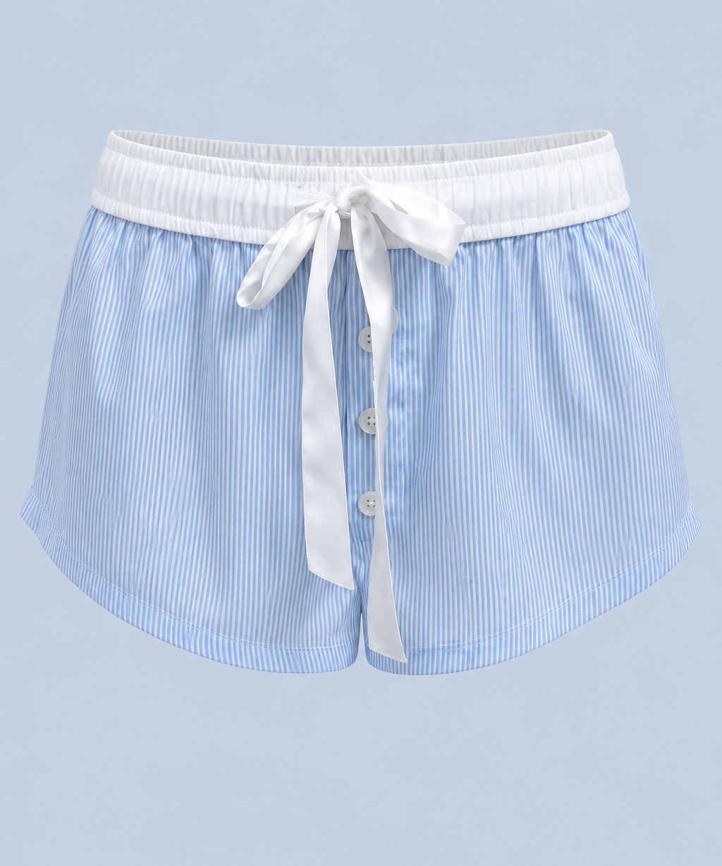 Blue stripe Beatrice drawstring short shown on its own from the front, with a white ribbon tie, white contrast waistband and button front.