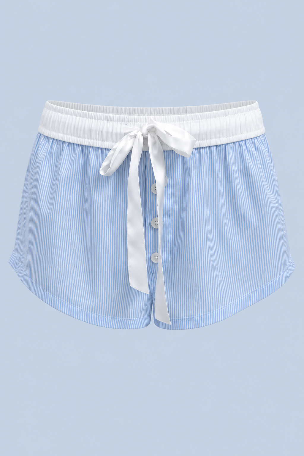 Blue stripe Beatrice drawstring short shown on its own from the front, with a white ribbon tie, white contrast waistband and button front.