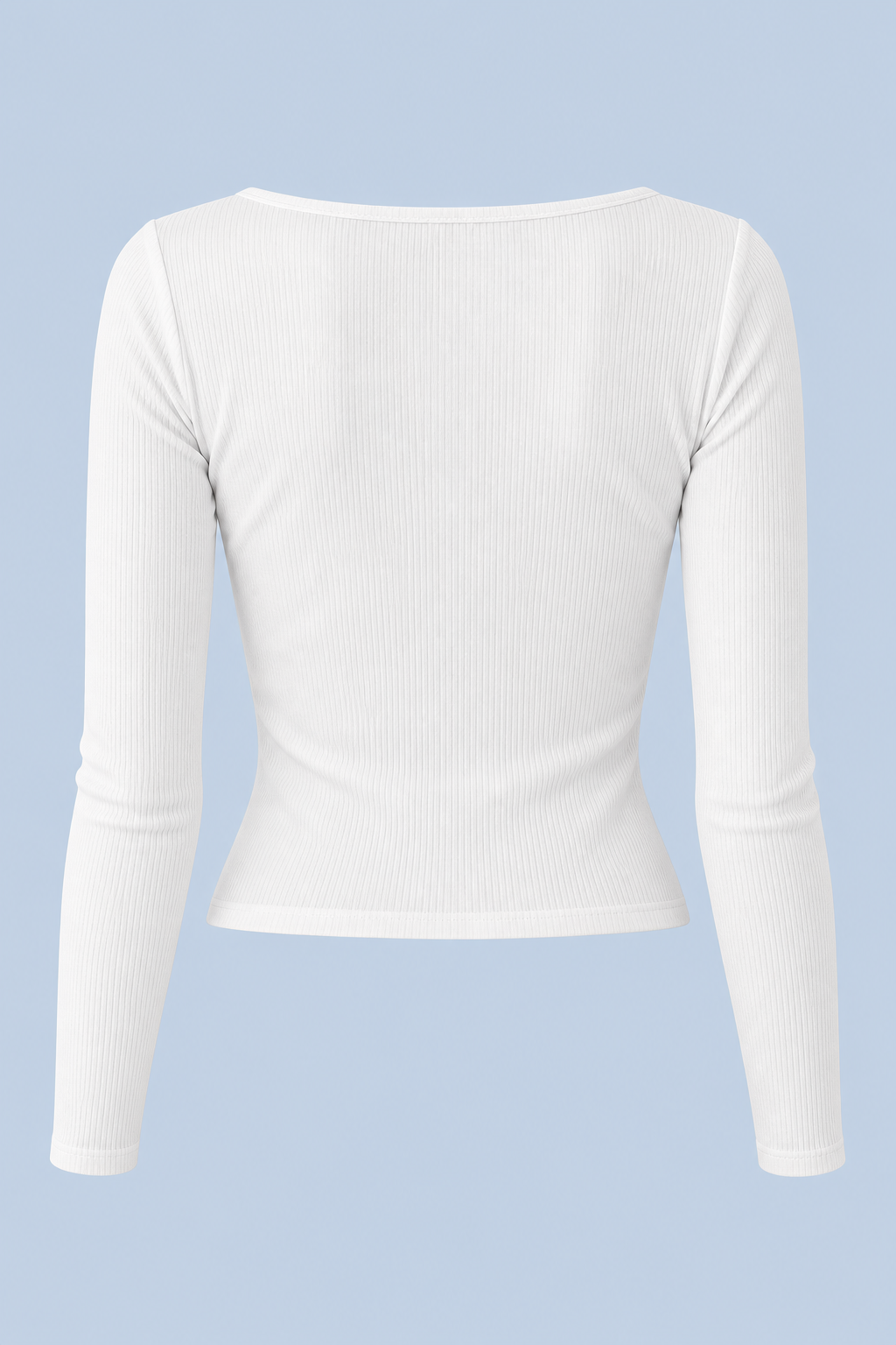 White Cleo long sleeve top shown on its own from behind, with a round back neckline, ribbed fabric and a cropped hem.