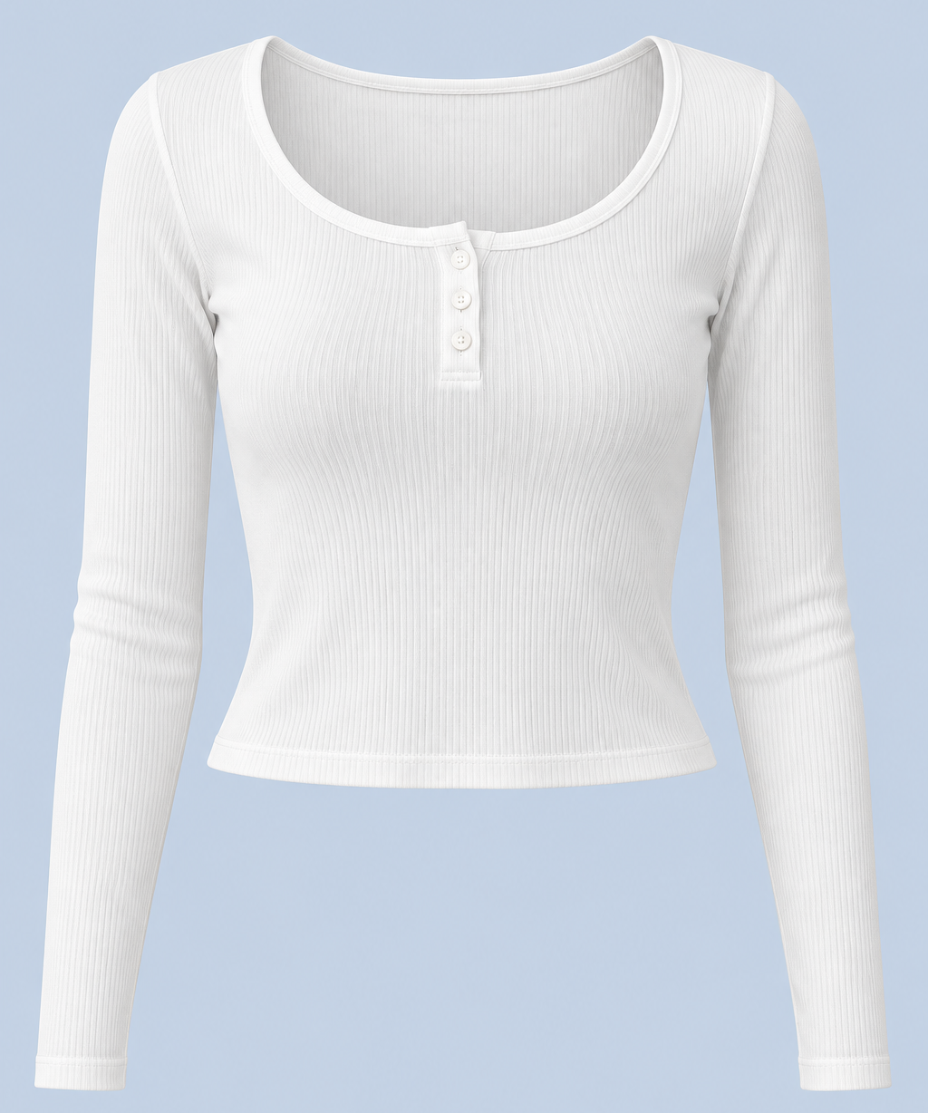 White Cleo long sleeve top shown on its own from the front, with a scoop neck, short button placket and ribbed fabric.