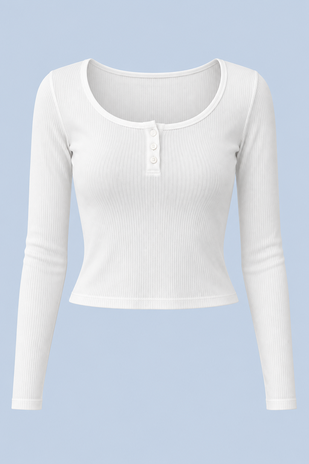White Cleo long sleeve top shown on its own from the front, with a scoop neck, short button placket and ribbed fabric.