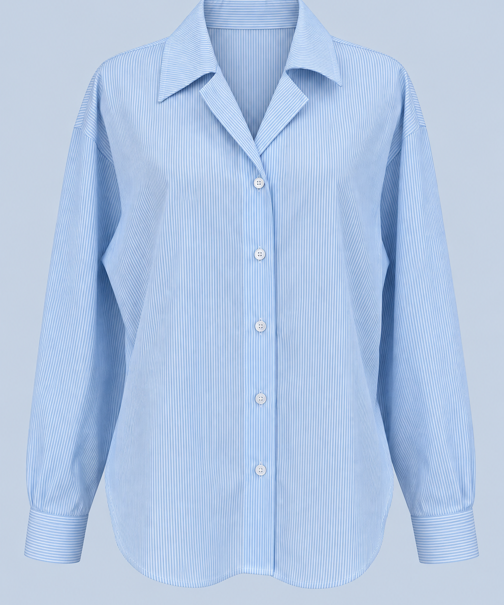Blue stripe Corinna button-up shirt shown on its own from the front, with a pointed collar, full button placket and curved shirttail hem.