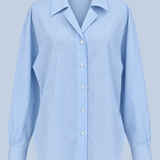 Blue stripe Corinna button-up shirt shown on its own from the front, with a pointed collar, full button placket and curved shirttail hem.