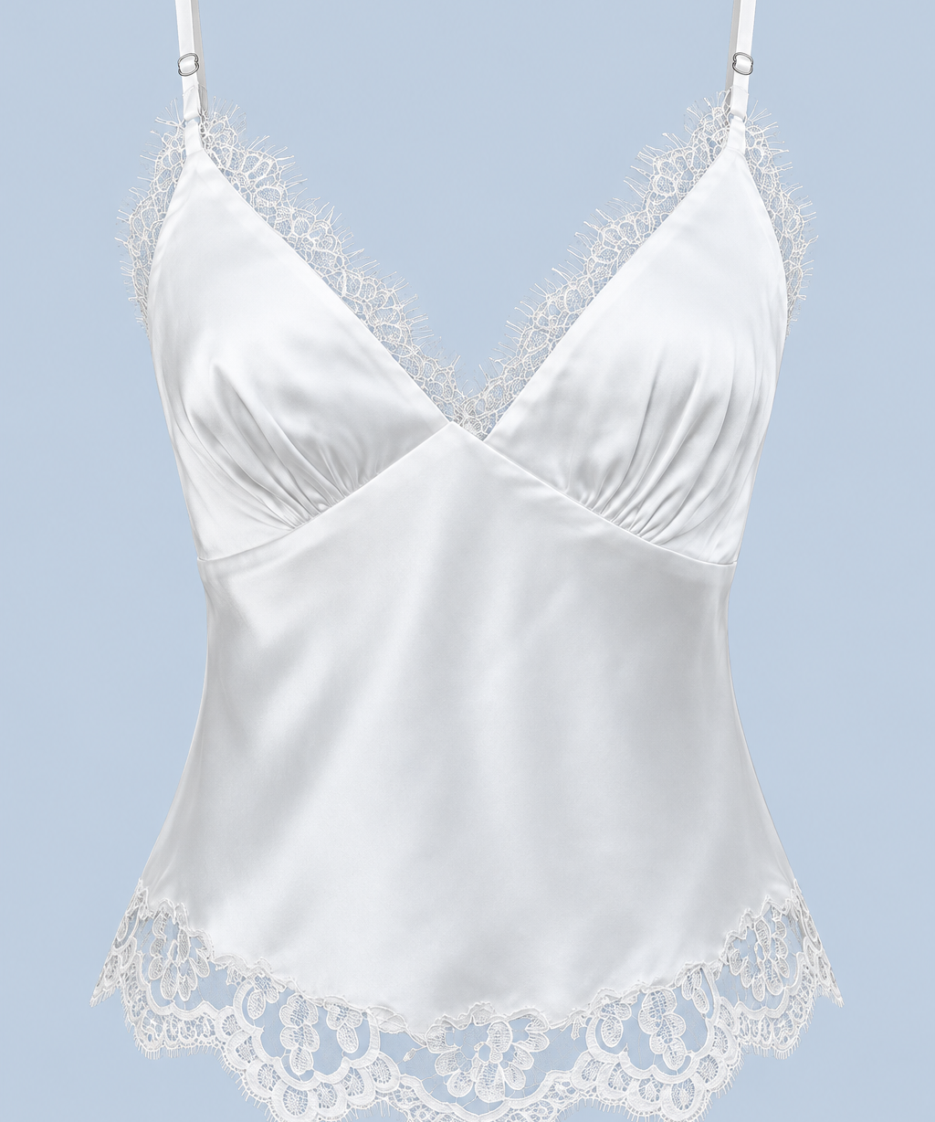 White Eloise satin lace crop cami shown on its own from the front, with eyelash lace at the V neckline, a gathered bust and a floral lace hem.