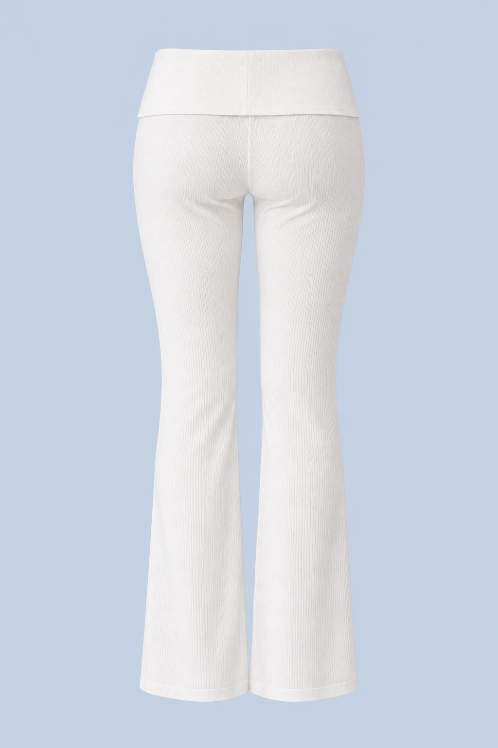 White Frankie foldover ribbed pant shown on its own from behind, with a fold-over waistband and a flared leg.