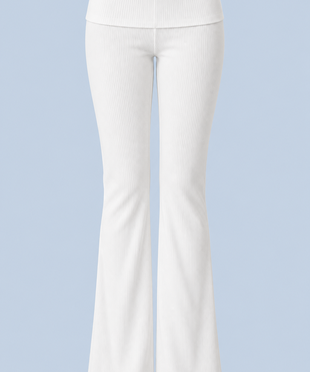 White Rhinestone Frankie foldover ribbed pant shown on its own from the front, with a fold-over waistband and a flared leg.