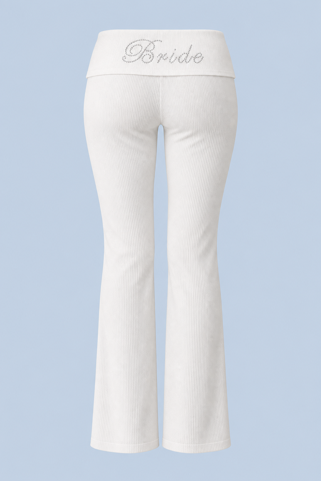White Rhinestone Frankie foldover ribbed pant shown on its own from behind, with Bride in rhinestones across the folded waistband.