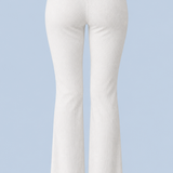 White Rhinestone Frankie foldover ribbed pant shown on its own from behind, with Bride in rhinestones across the folded waistband.