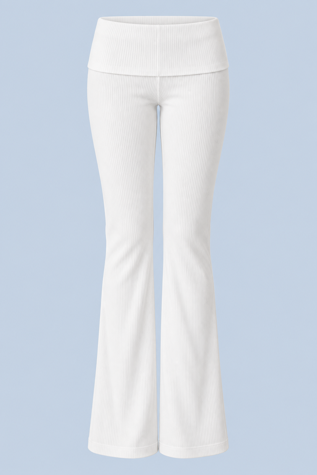 White Frankie foldover ribbed pant shown on its own from the front, with a wide fold-over waistband and a flared leg.