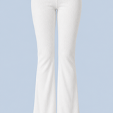 White Frankie foldover ribbed pant shown on its own from the front, with a wide fold-over waistband and a flared leg.