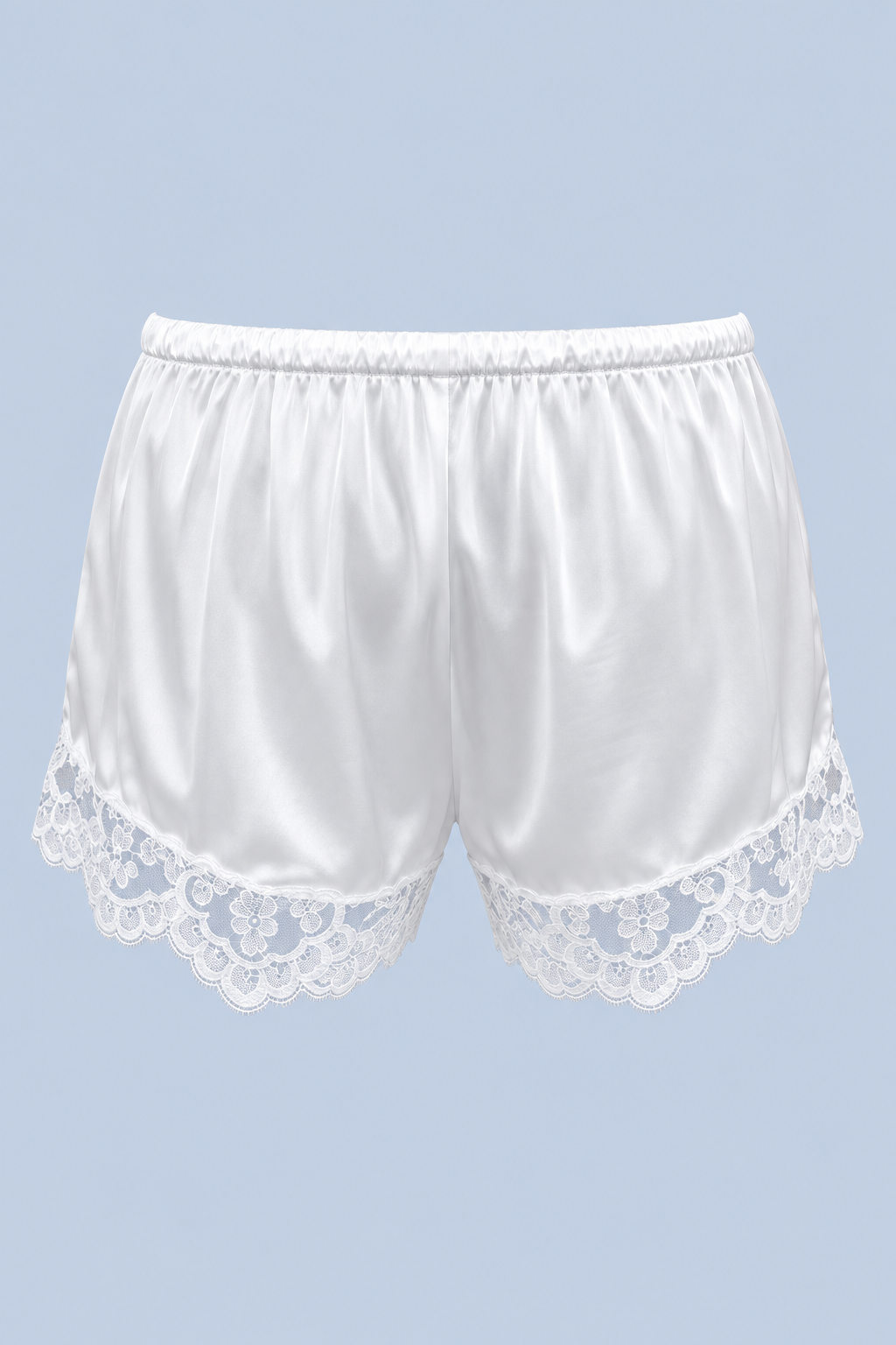 White Gianna satin lace short shown on its own from behind, with an elasticated waist and floral lace along each leg opening.