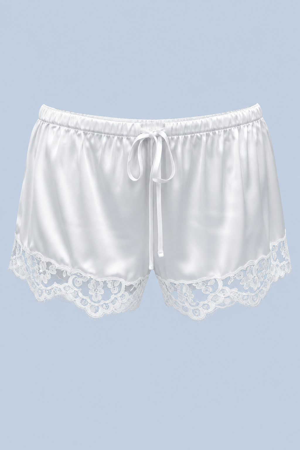 White Gianna satin lace short shown on its own from the front, with a drawstring tie, elasticated waist and floral lace at each leg.