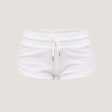 ALT's white Heiress rhinestone velour short, shown from the front on a ghost mannequin with a drawstring waist.