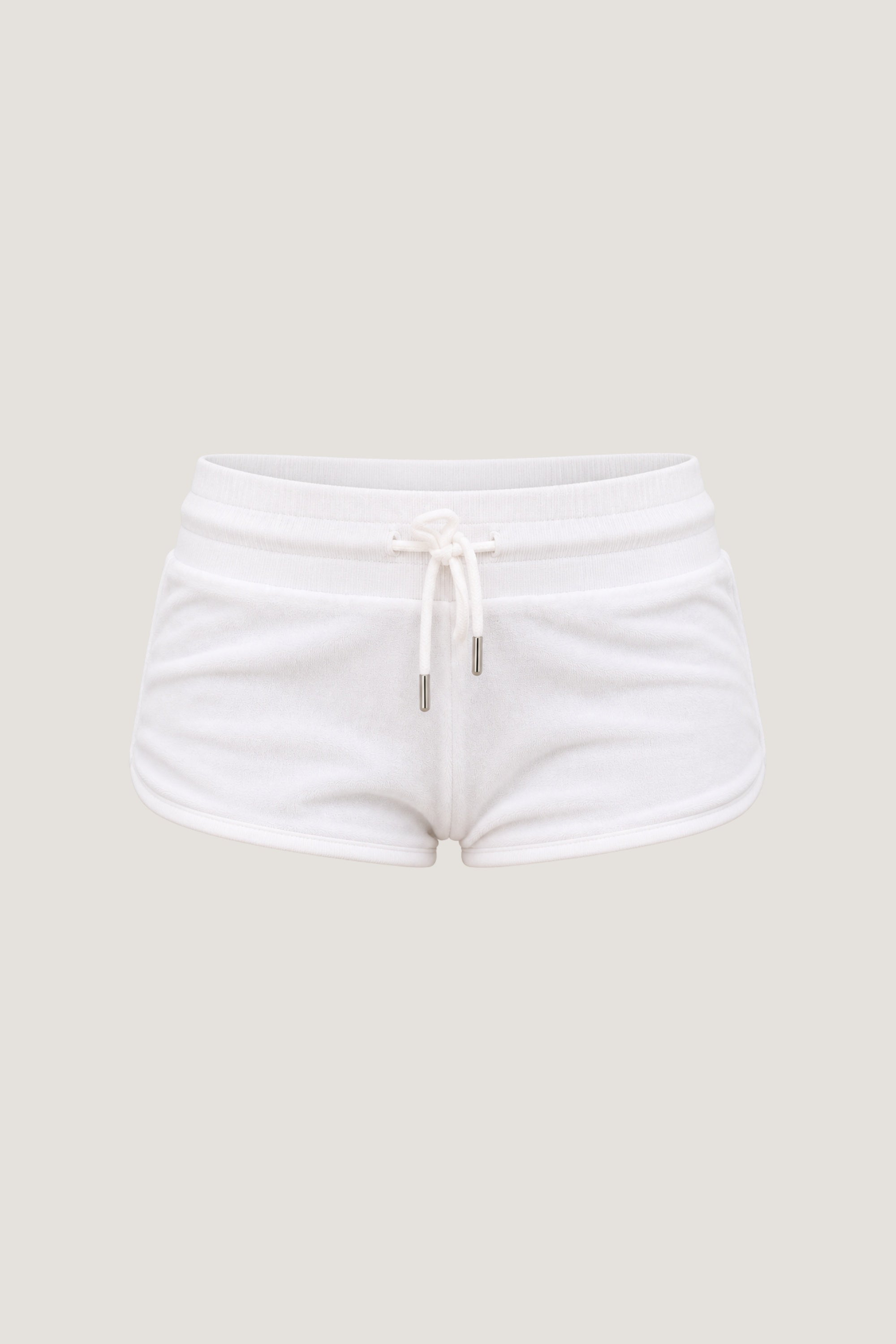ALT's white Heiress rhinestone velour short, shown from the front on a ghost mannequin with a drawstring waist.