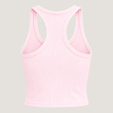 ALT's pink It Girl rhinestone crop tank, seen from behind on a ghost mannequin with its ribbed racerback.