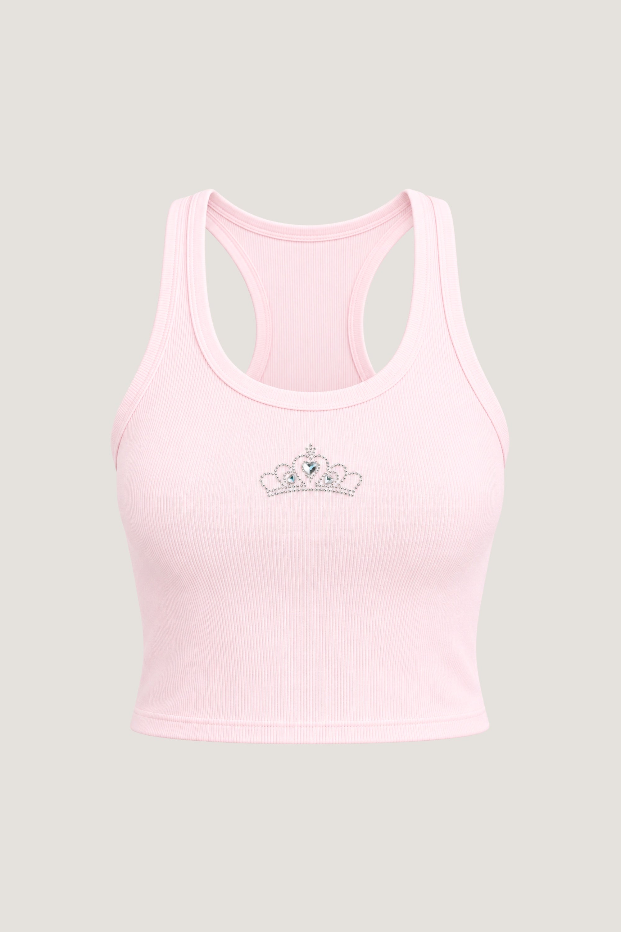 ALT's pink It Girl rhinestone crop tank, shown from the front on a ghost mannequin with a rhinestone crown at the chest.