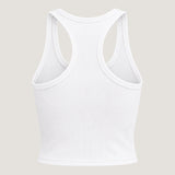 ALT's white Lucky Him rhinestone crop tank, seen from behind on a ghost mannequin with its ribbed racerback.
