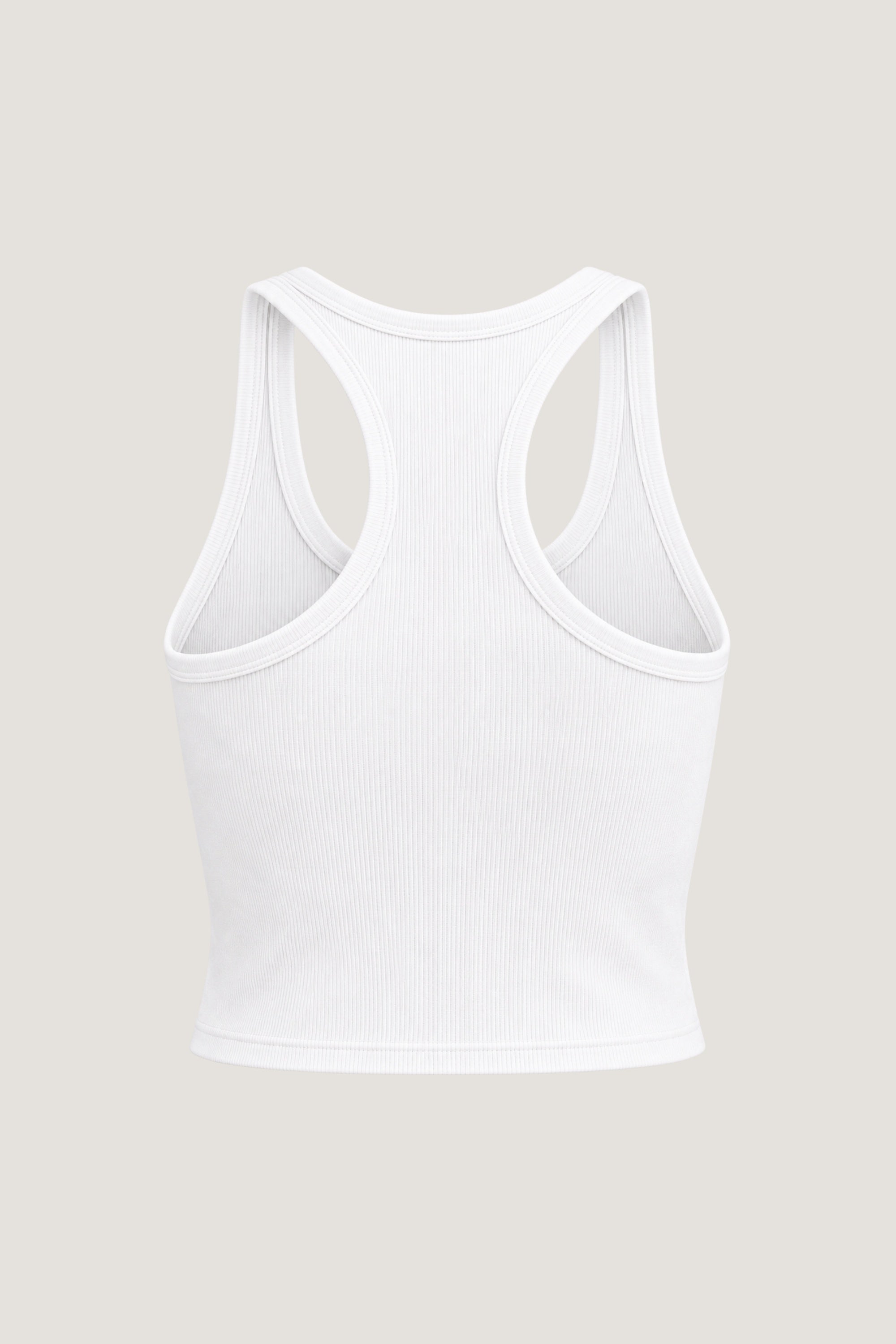 ALT's white Lucky Him rhinestone crop tank, seen from behind on a ghost mannequin with its ribbed racerback.