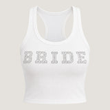 ALT's white Lucky Him rhinestone crop tank, shown from the front on a ghost mannequin with BRIDE in rhinestones.