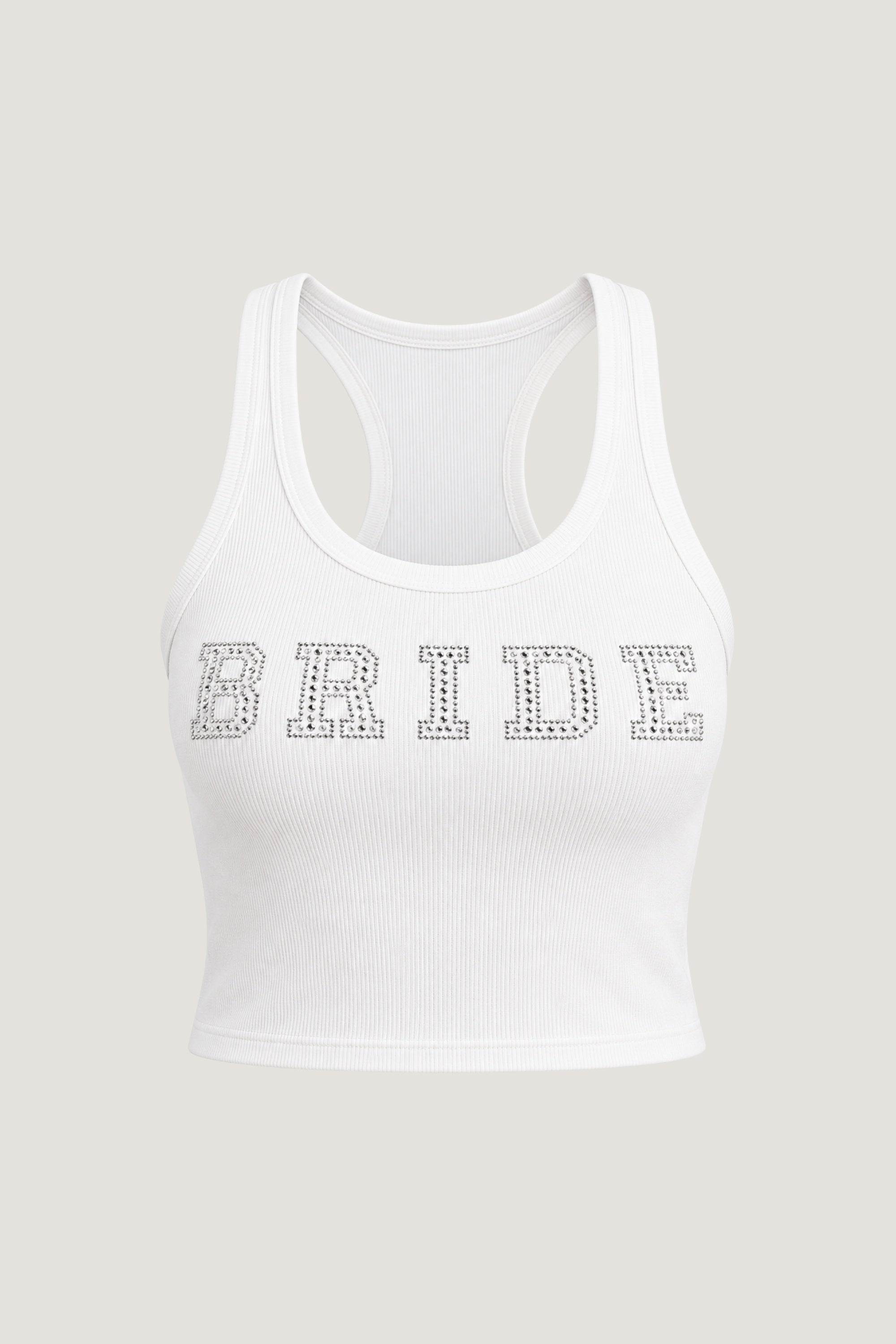 ALT's white Lucky Him rhinestone crop tank, shown from the front on a ghost mannequin with BRIDE in rhinestones.