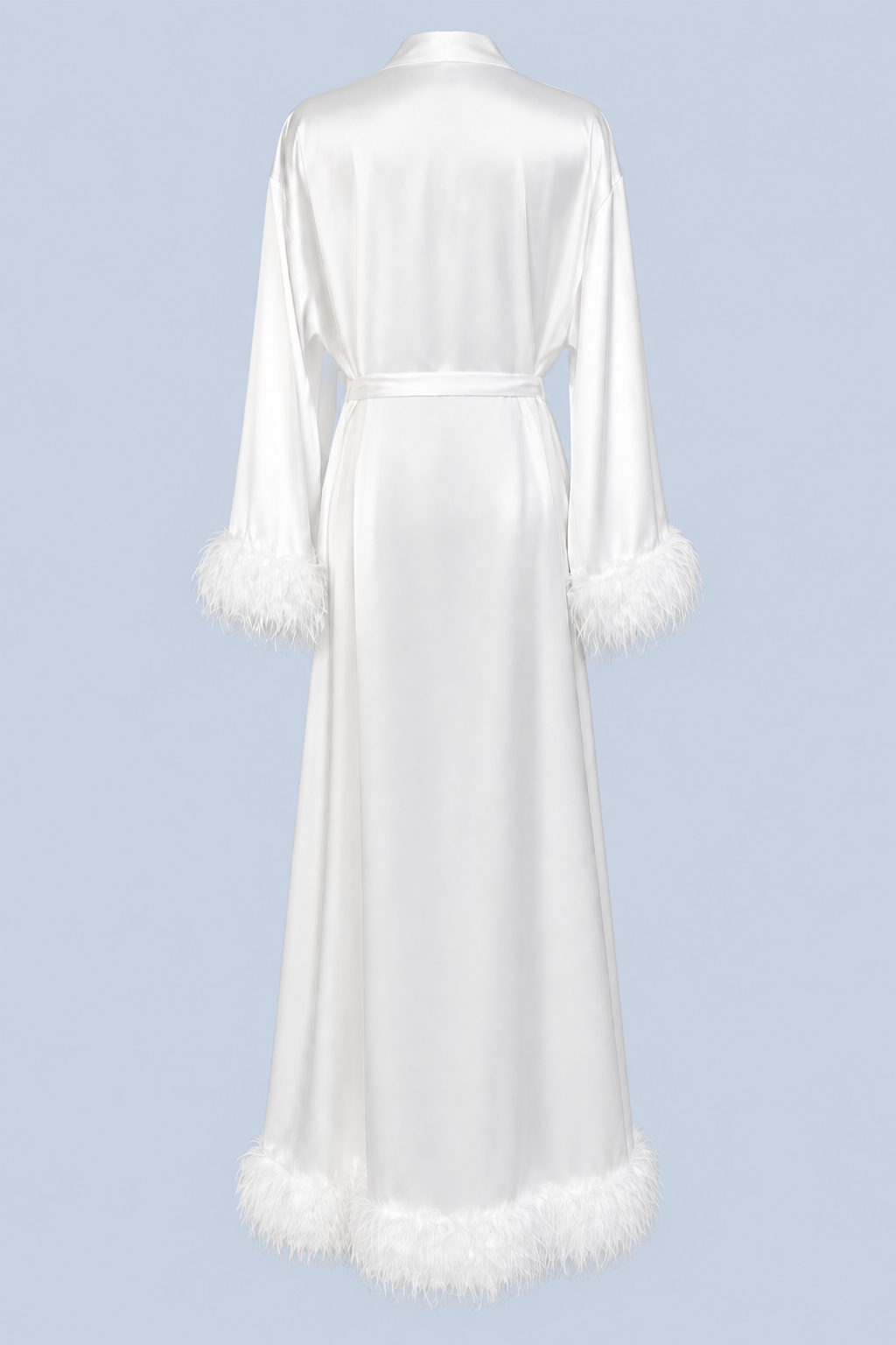 White Melita feather satin robe shown on its own from behind, with a self-tie belt at the waist and feather trim at the cuffs and hem.