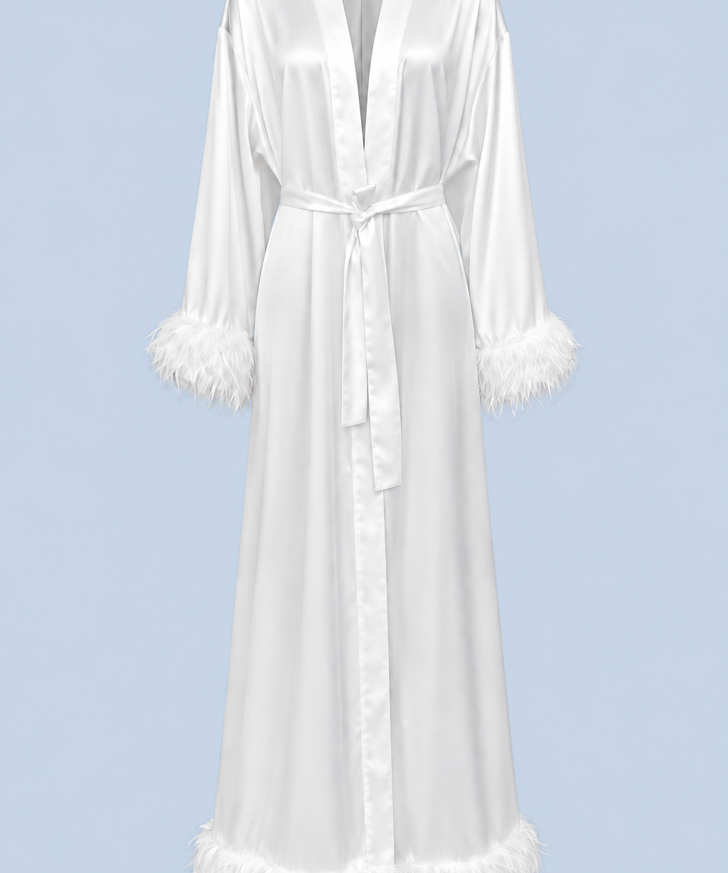 White Melita feather satin robe shown on its own from the front, with a shawl collar, self-tie belt and feather trim at the cuffs and hem.