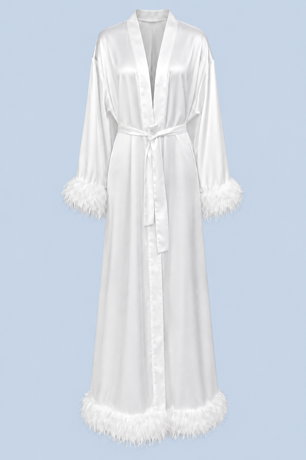 White Melita feather satin robe shown on its own from the front, with a shawl collar, self-tie belt and feather trim at the cuffs and hem.