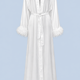 White Melita feather satin robe shown on its own from the front, with a shawl collar, self-tie belt and feather trim at the cuffs and hem.