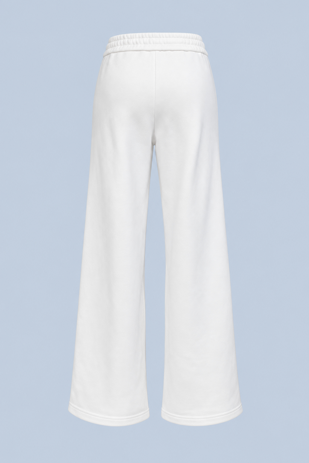 White Paola trackpant shown on its own from the back, plain with an elasticated waistband and a wide straight leg.
