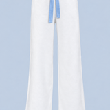 White Bride Paola trackpant shown on its own from the front, with a blue satin bow tied at the elasticated waist and a wide straight leg.