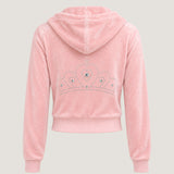 ALT's pink Paris rhinestone velour zip hoodie, seen from behind on a ghost mannequin with a rhinestone crown across the back.