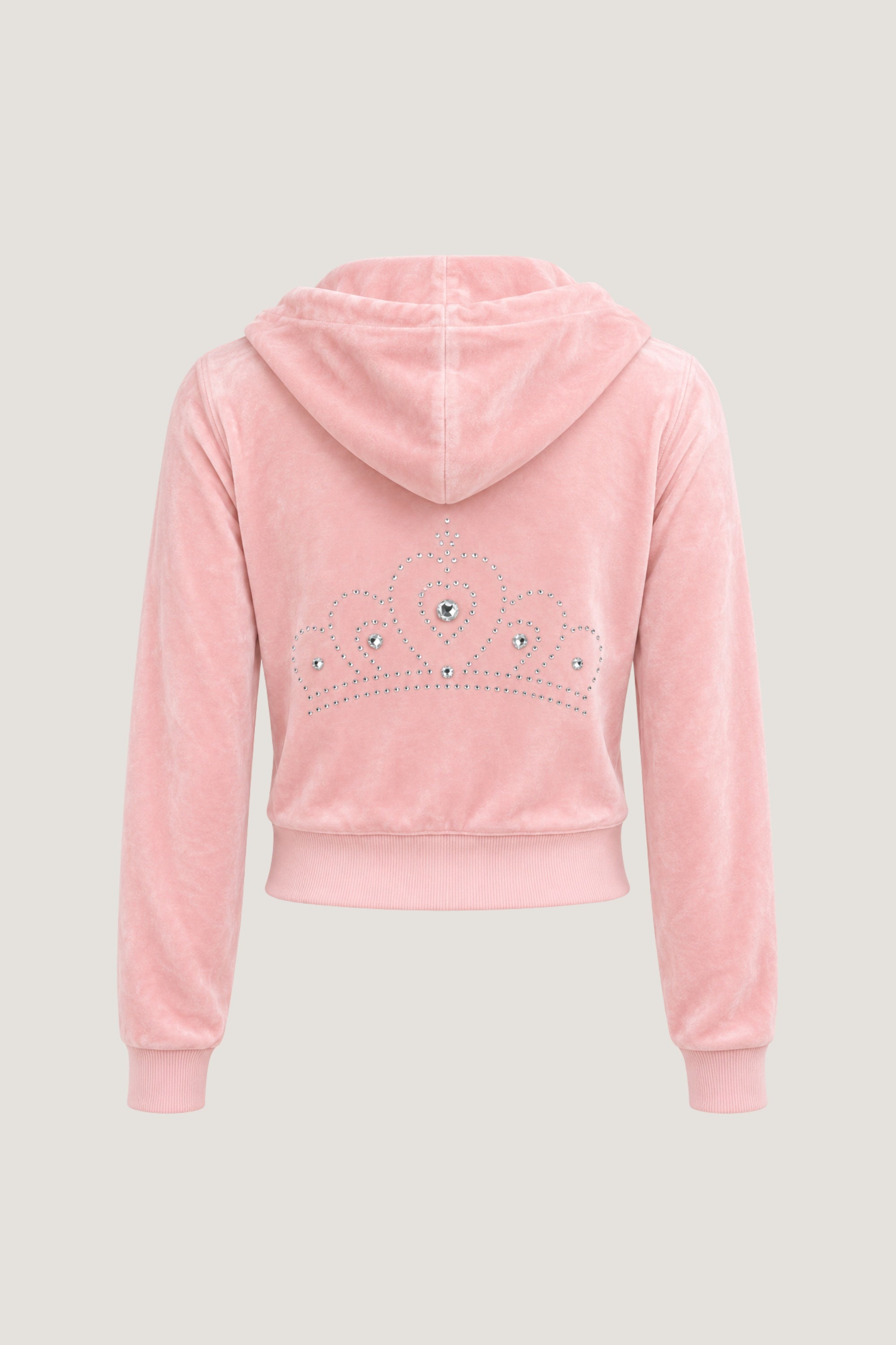 ALT's pink Paris rhinestone velour zip hoodie, seen from behind on a ghost mannequin with a rhinestone crown across the back.