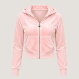 ALT's pink Paris rhinestone velour zip hoodie, shown from the front on a ghost mannequin with a full-length zip and hood.