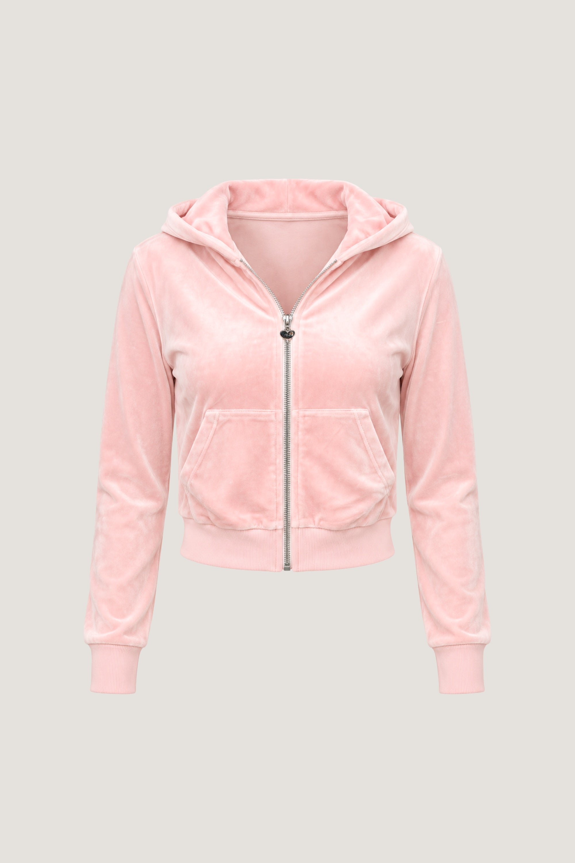 ALT's pink Paris rhinestone velour zip hoodie, shown from the front on a ghost mannequin with a full-length zip and hood.