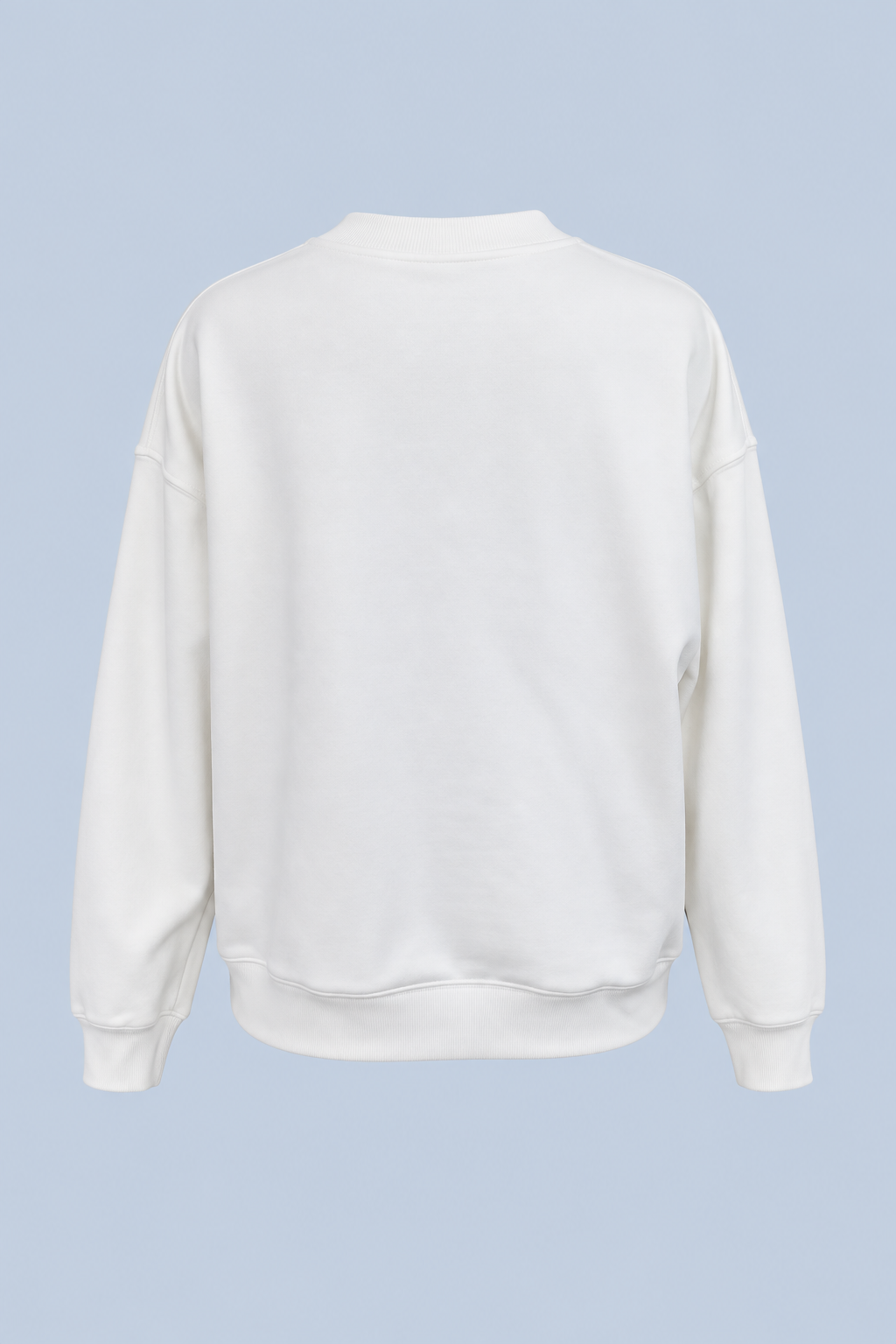White Bride Pia crew sweatshirt shown on its own from the back, plain with dropped shoulders and a ribbed neckline, cuffs and hem.
