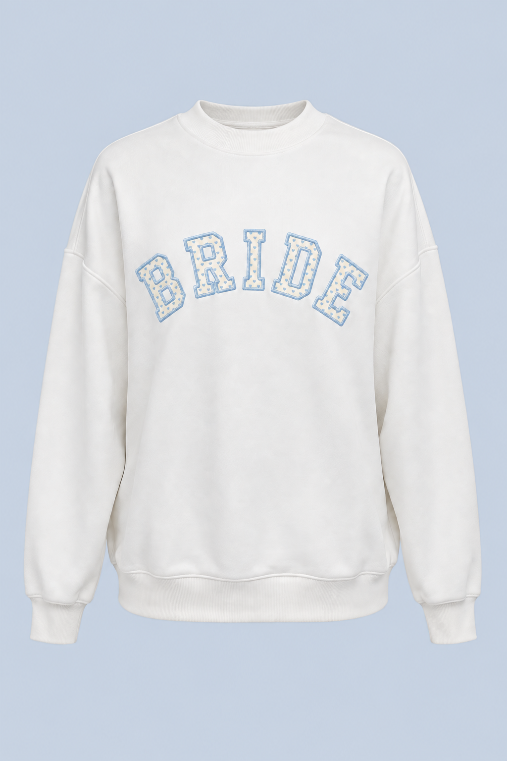 ALT's white Bride Pia crew sweatshirt shown on its own from the front, with BRIDE in blue-outlined varsity applique across the chest.