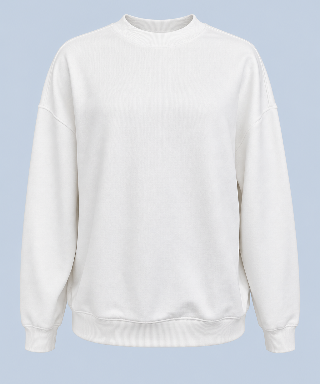 White Pia crew sweatshirt shown on its own from the front, plain with dropped shoulders and a ribbed crew neck, cuffs and hem.
