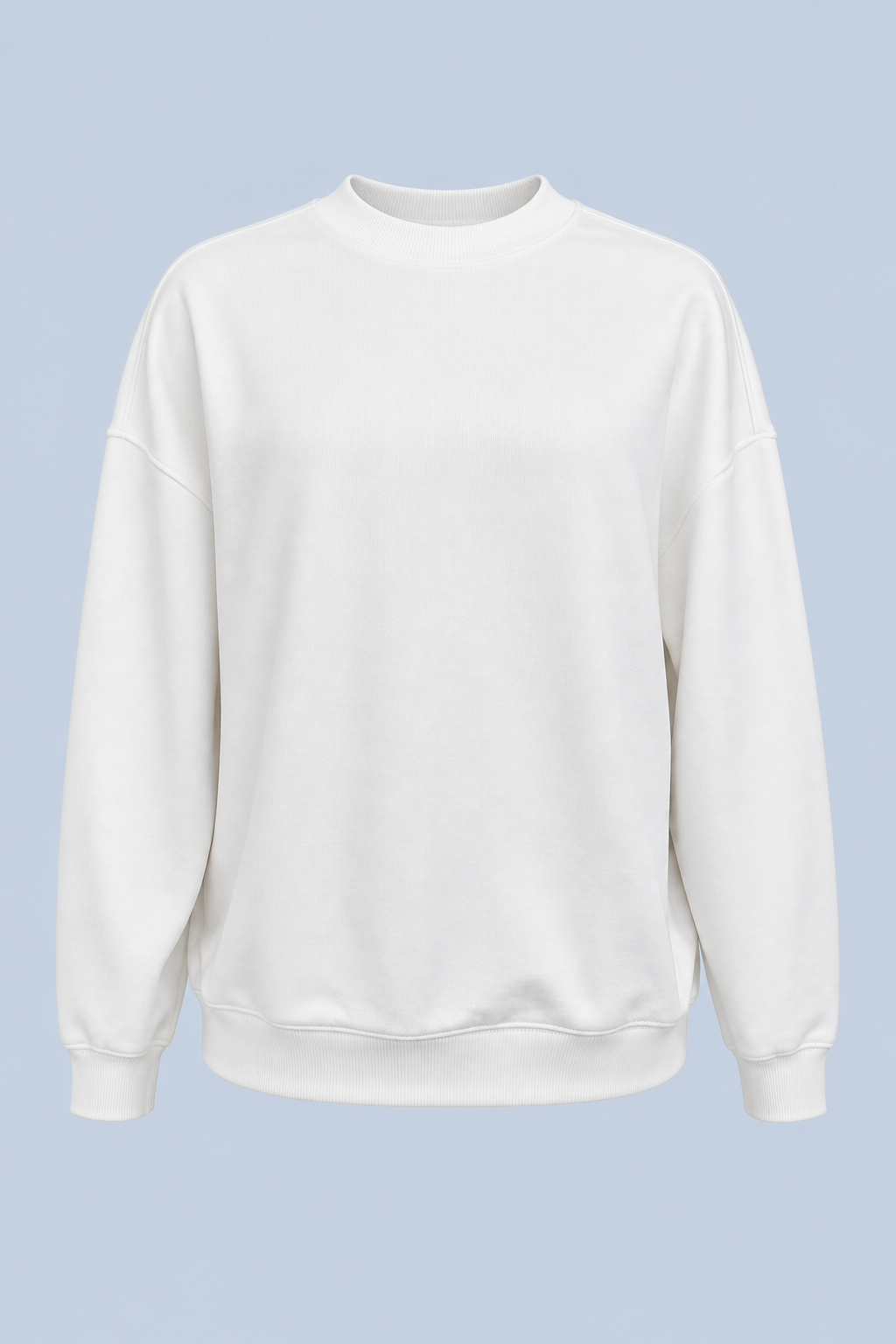 White Pia crew sweatshirt shown on its own from the front, plain with dropped shoulders and a ribbed crew neck, cuffs and hem.