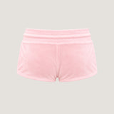 ALT's pink Princess rhinestone velour short, seen from behind on a ghost mannequin with a low-rise waistband.
