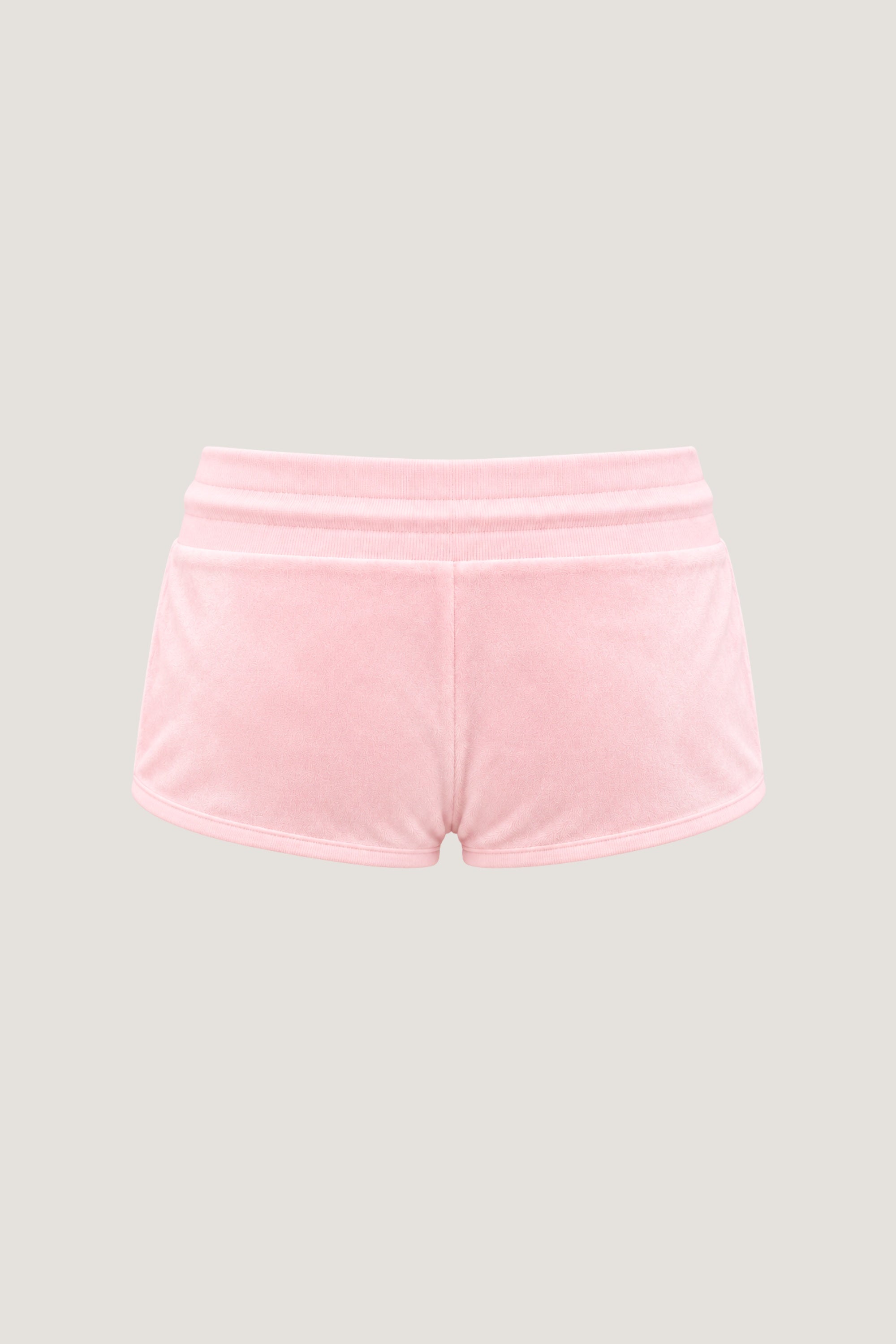 ALT's pink Princess rhinestone velour short, seen from behind on a ghost mannequin with a low-rise waistband.