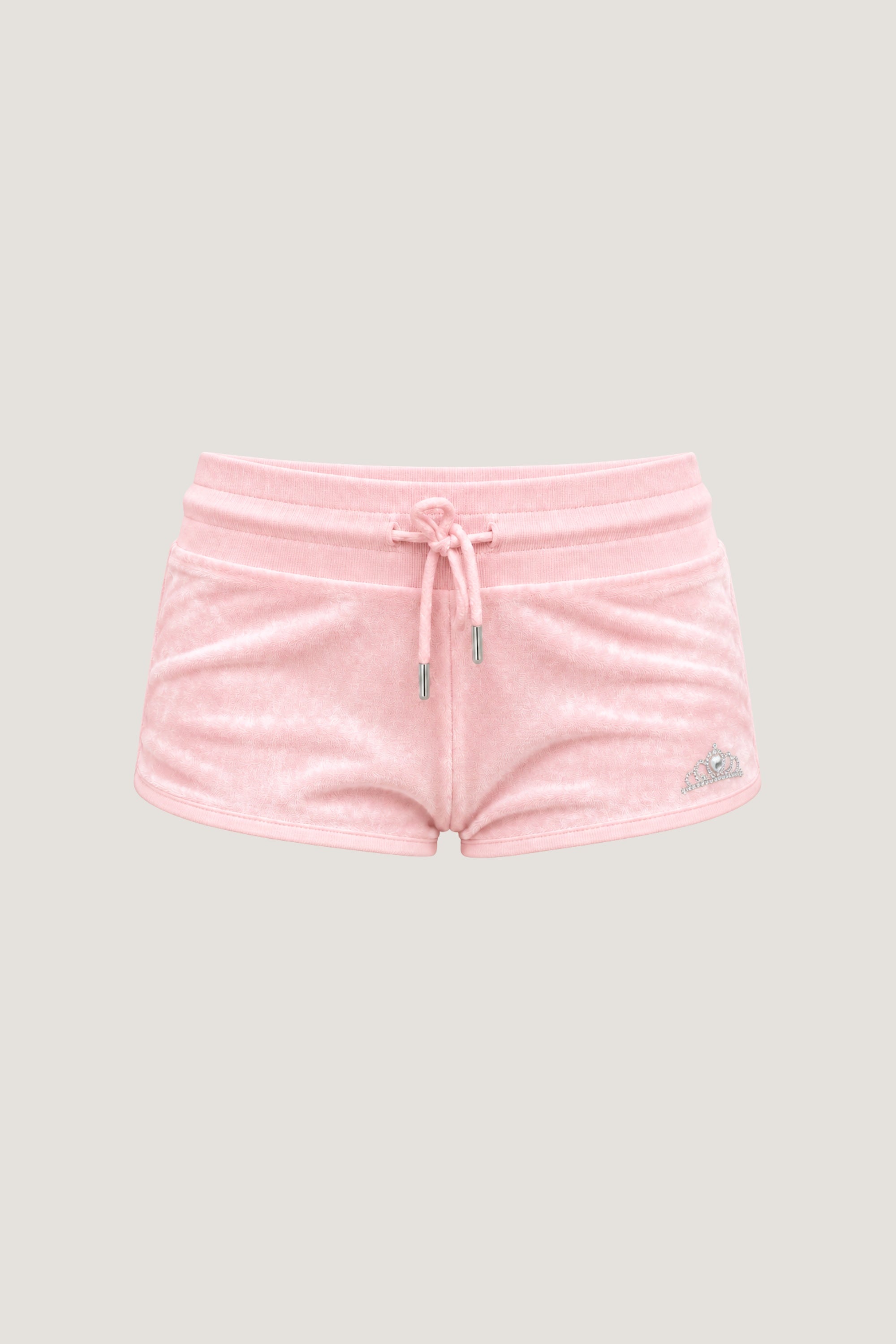 ALT's pink Princess rhinestone velour short, front view on a ghost mannequin with a drawstring and rhinestone motif.